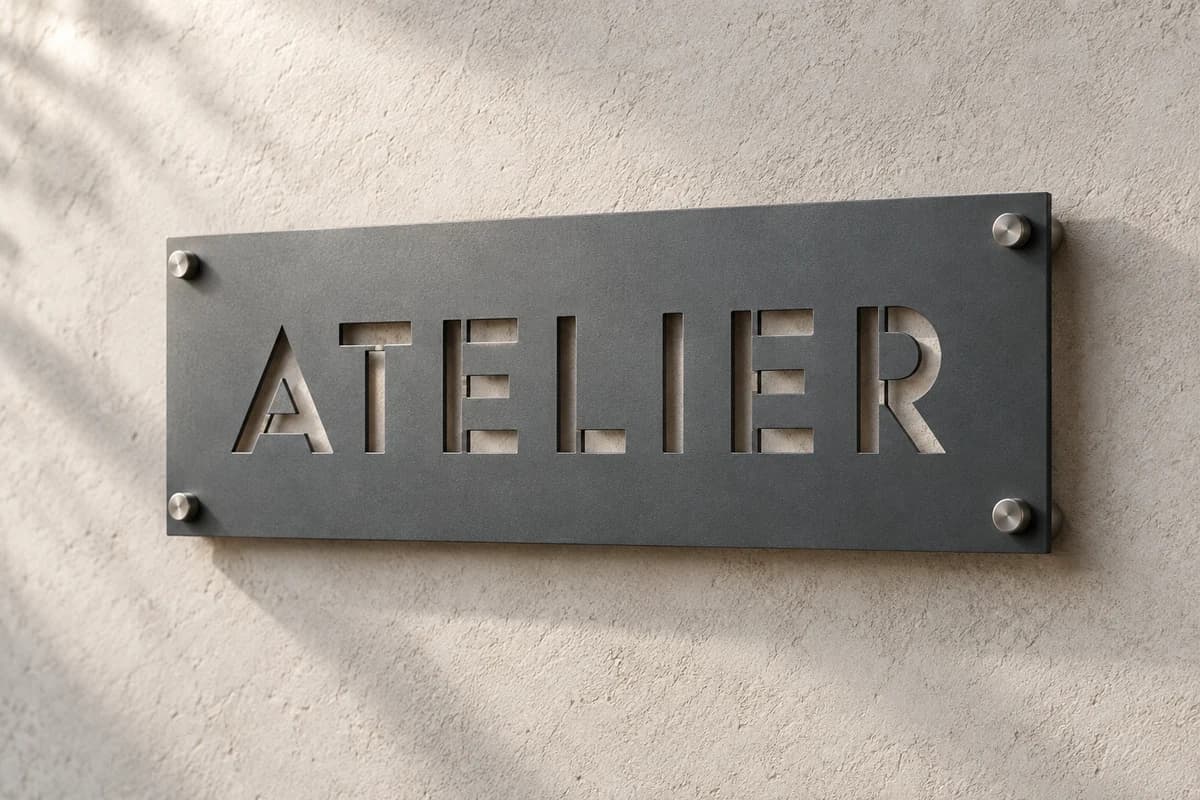 Ocelová cedule s vyřezaným nápisem ATELIER
