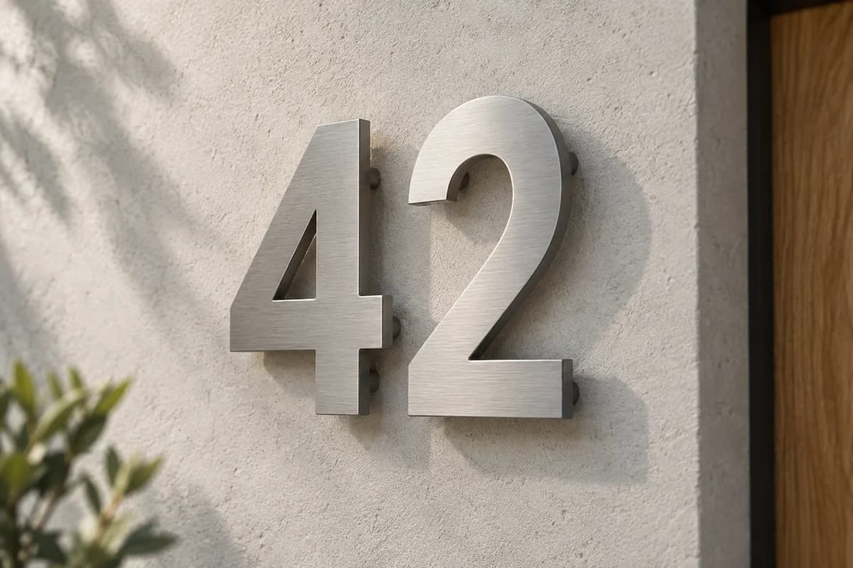 Nerezové domovní číslo 42 na světlé fasádě